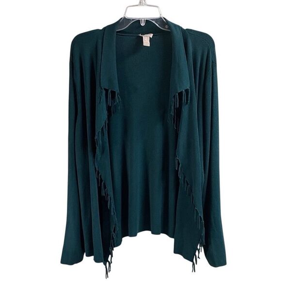 CHICOS Women Emerald Green Fringed Open Front Cardigan Sweater Size 2 (Medium) - Picture 1 of 7